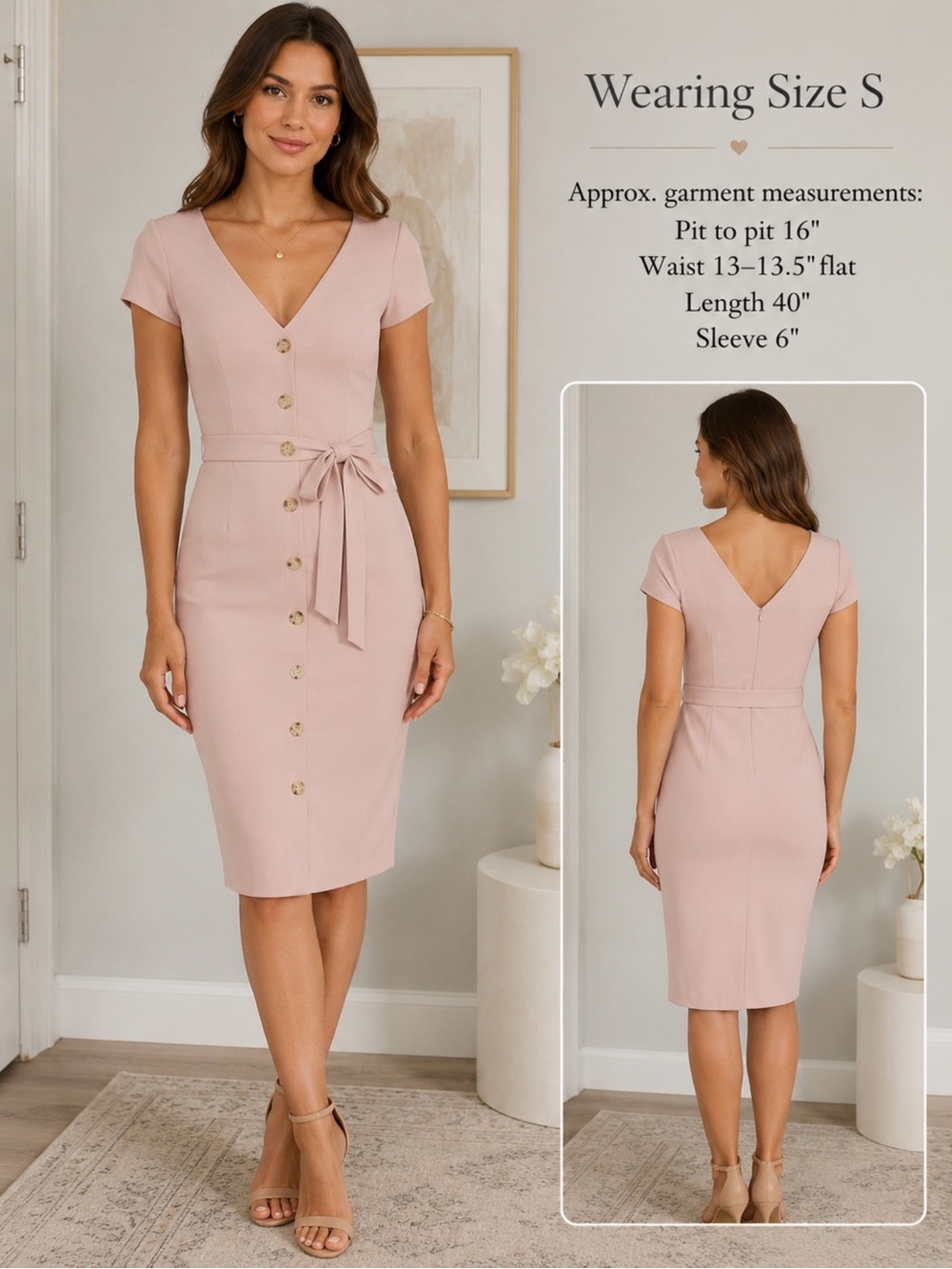 Express Women’s Blush Pink Belted Button Front Midi Dress Size S